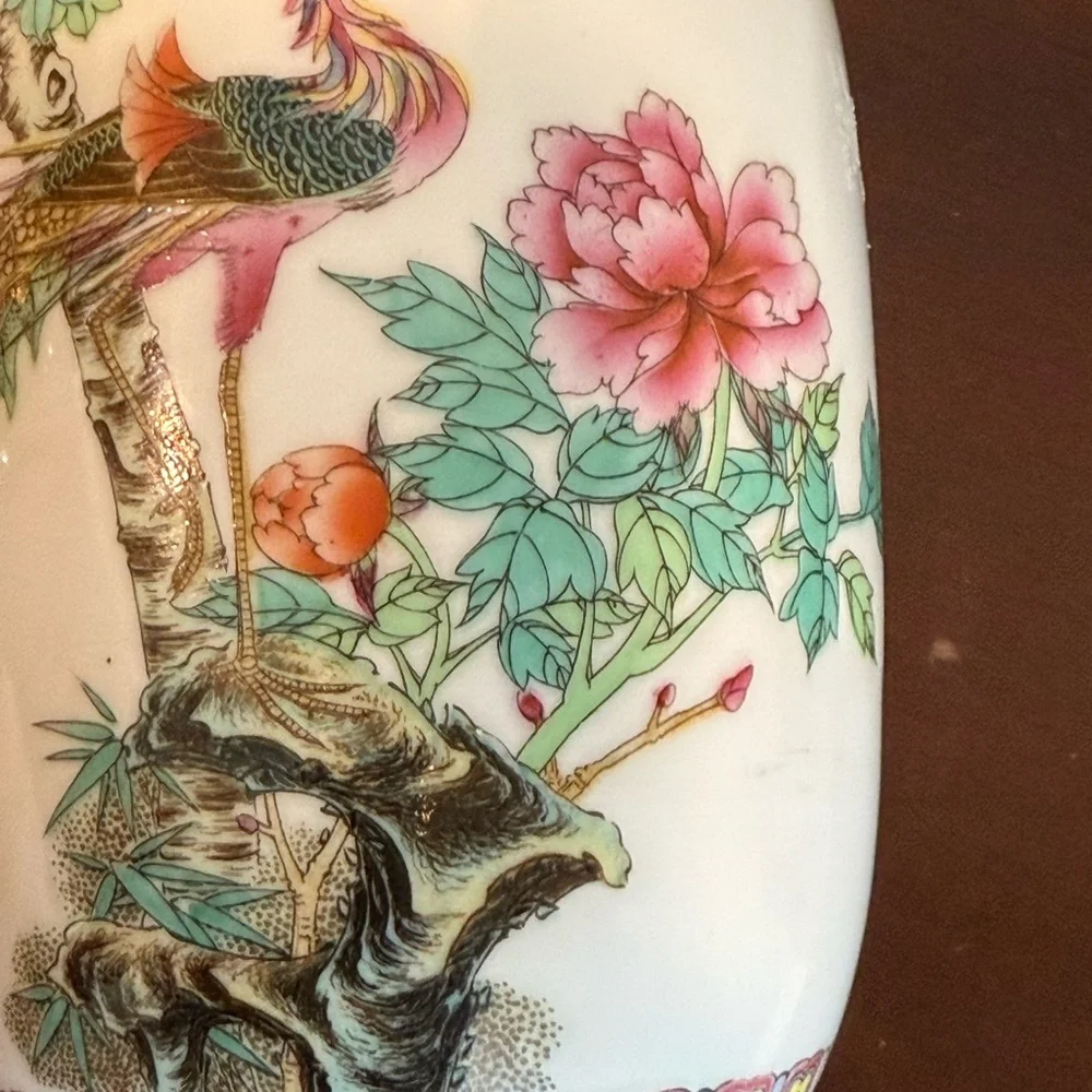 Antique Chinese Ceramic Vase w/ Bird & Floral Design‎ signed w/ poem enscribed
